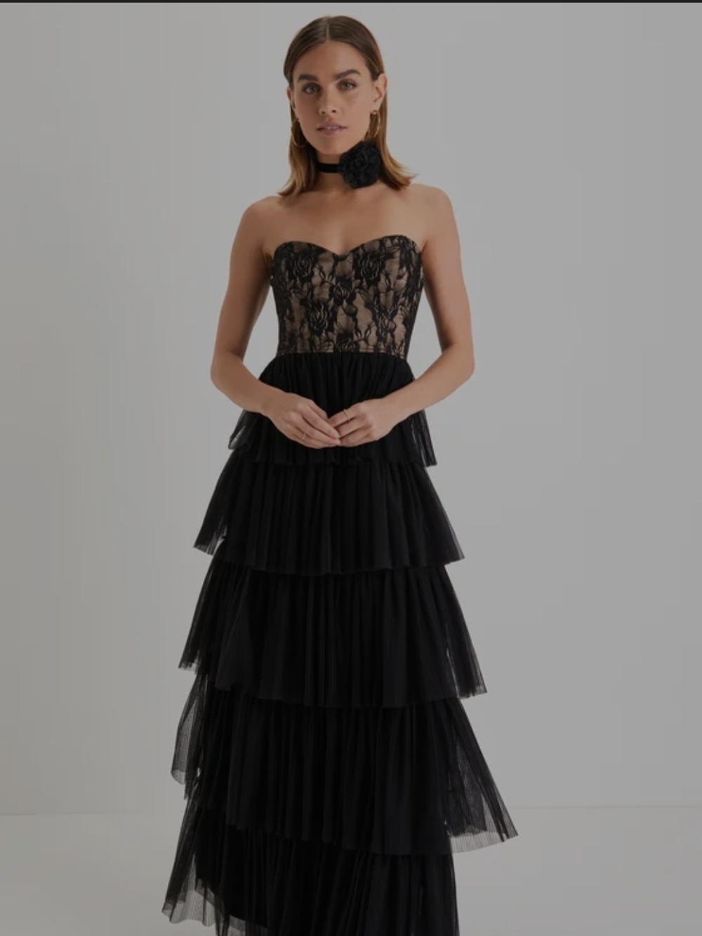 Sensational Darling Black Lace Tulle Tiered Strapless Maxi Dress